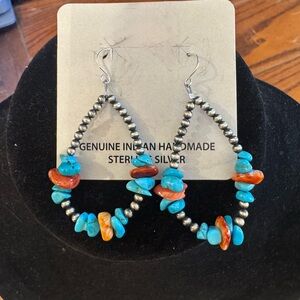 NWT Navajo Made Turquoise, Red and Orange Spiny Desert Pearl 925 Hoop Earrings